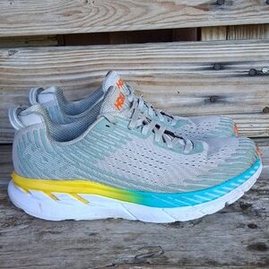 Hoka Clidton 5 Gray and Teal Athletic Shoes
